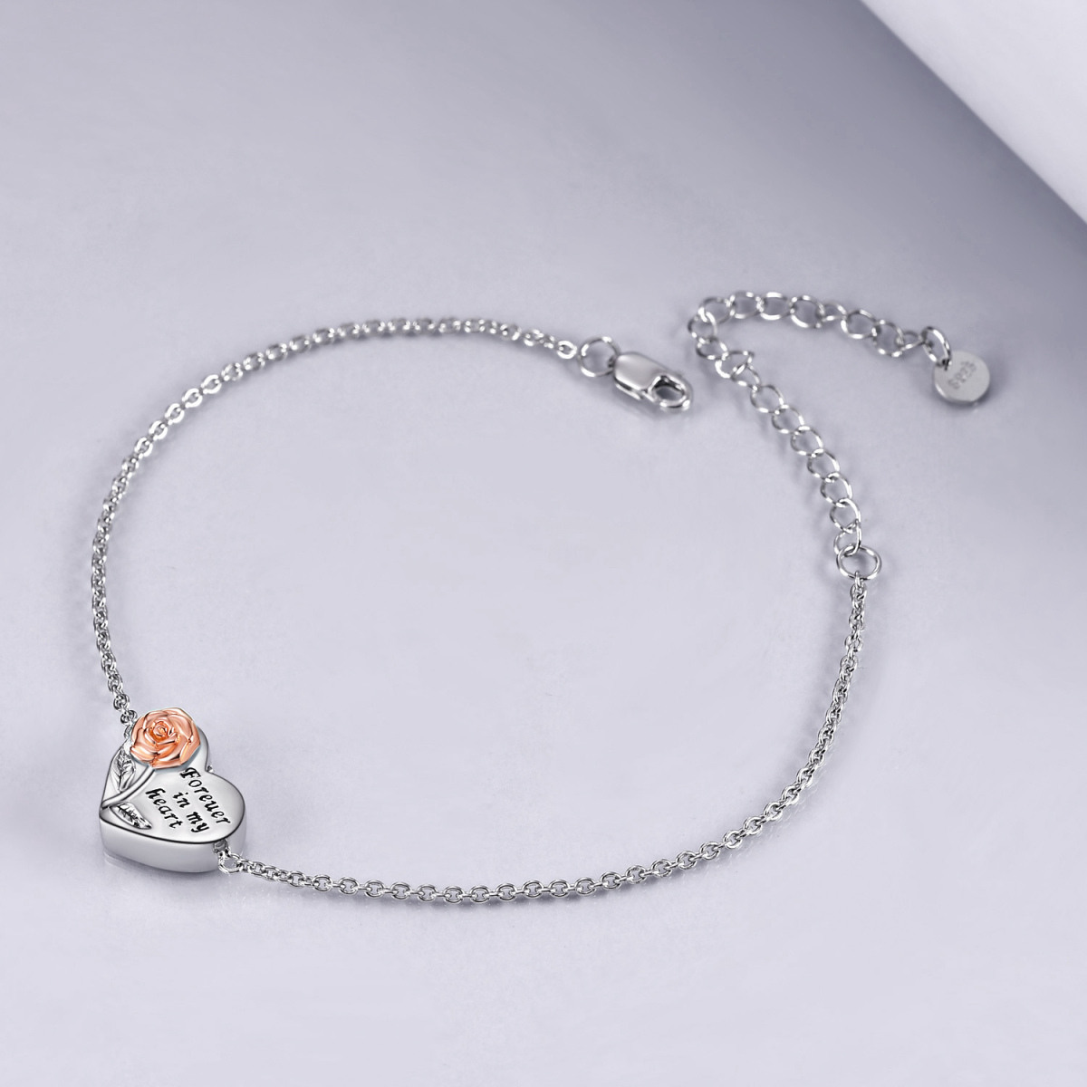 Sterling Silver Two-tone Rose & Heart Urn Bracelet for Ashes with Engraved Word-5