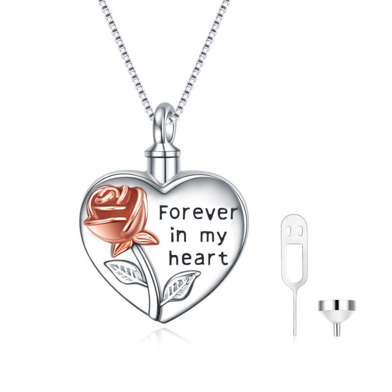 Sterling Silver Two-tone Rose & Heart Urn Necklace for Ashes with Engraved Word-11