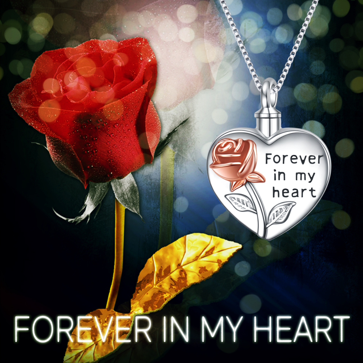 Sterling Silver Two-tone Rose & Heart Urn Necklace for Ashes with Engraved Word-3