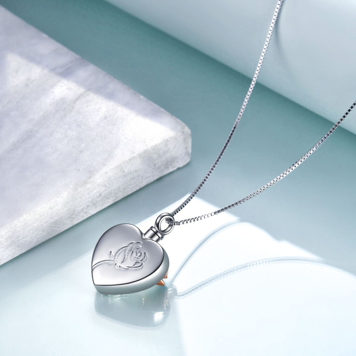 Sterling Silver Two-tone Rose & Heart Urn Necklace for Ashes with Engraved Word-5