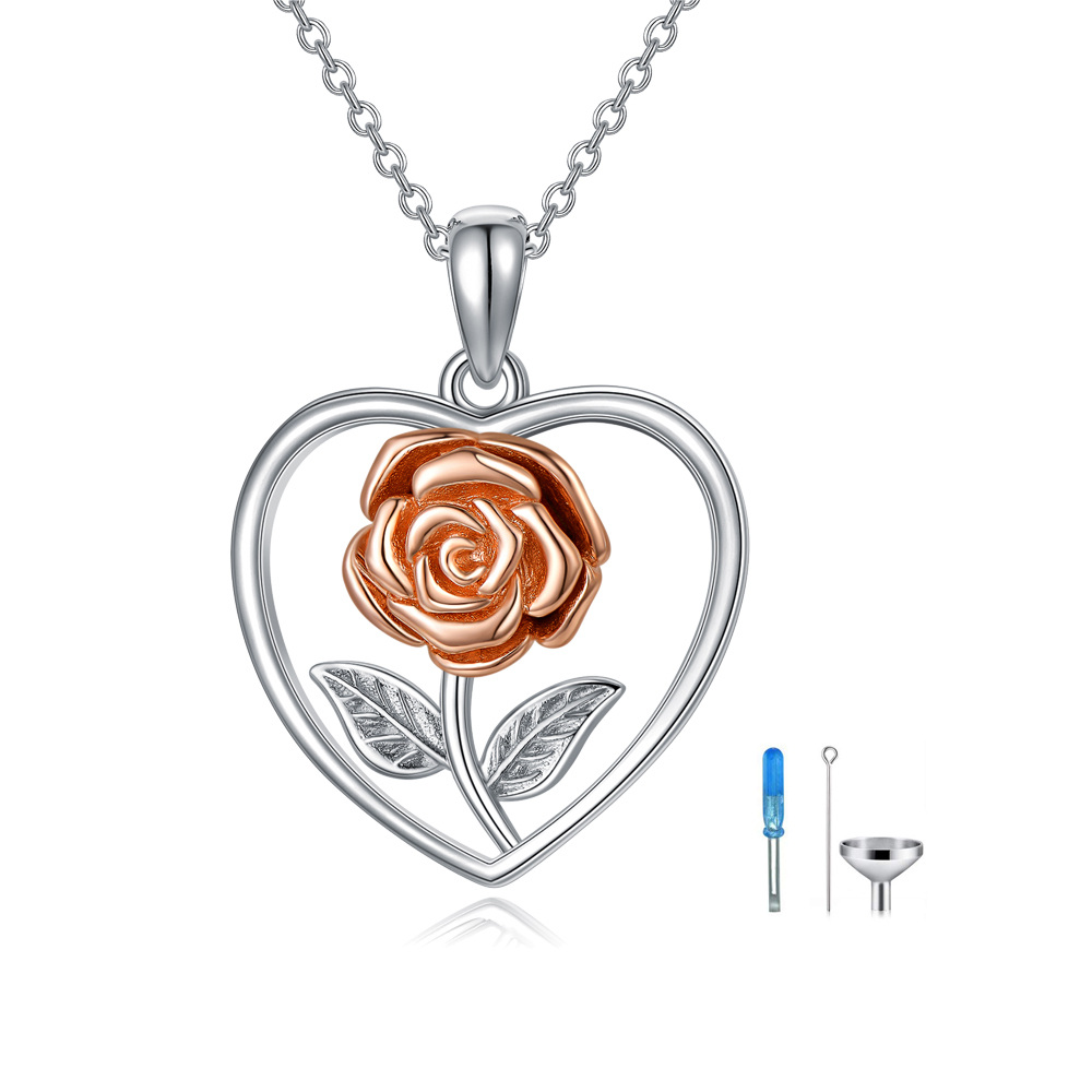 Sterling Silber Zweifarbige Rose & Herz Urne Halskette-1