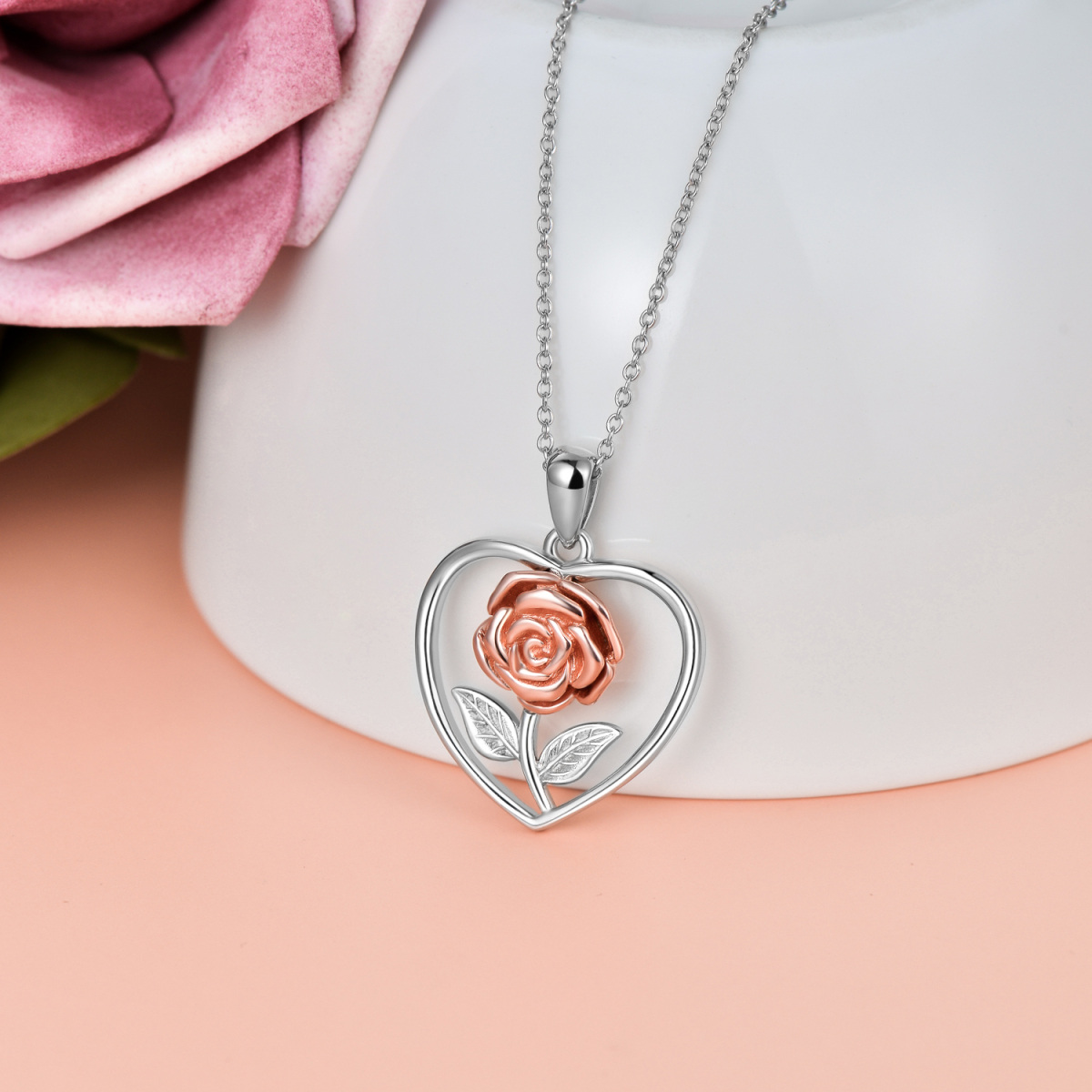 Sterling Silver Two-tone Rose & Heart Urn Necklace for Ashes-3