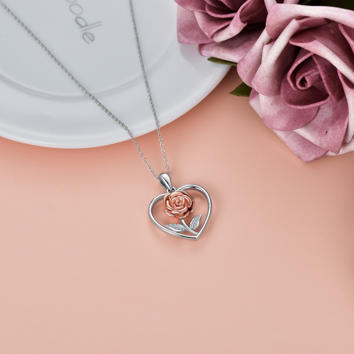 Sterling Silber Zweifarbige Rose & Herz Urne Halskette-5