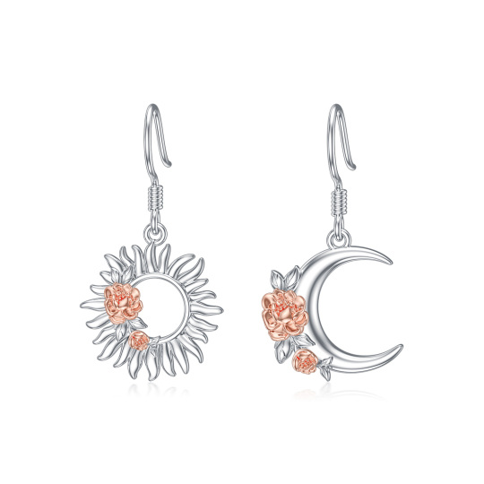 Sterling Silver Two-tone Rose & Moon & Sun Drop Earrings