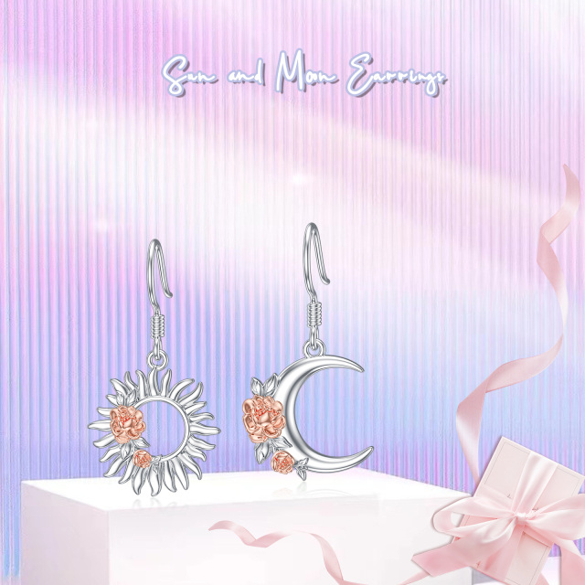 Sterling Silver Two-tone Rose & Moon & Sun Drop Earrings-3