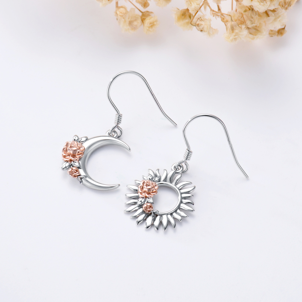 Sterling Silver Two-tone Rose & Moon & Sun Drop Earrings-4