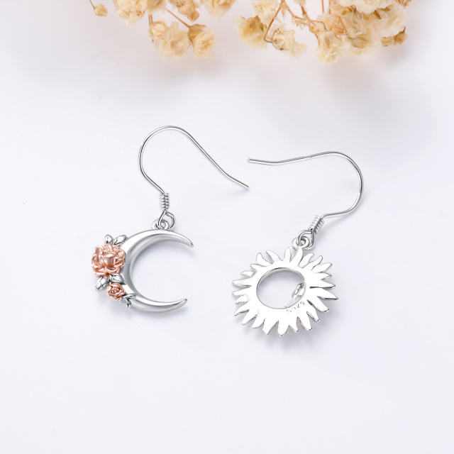 Sterling Silver Two-tone Rose & Moon & Sun Drop Earrings-5