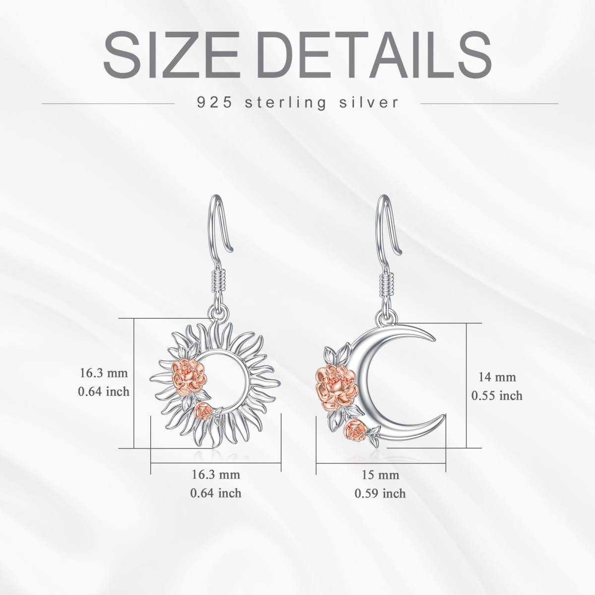 Sterling Silver Two-tone Rose & Moon & Sun Drop Earrings-6