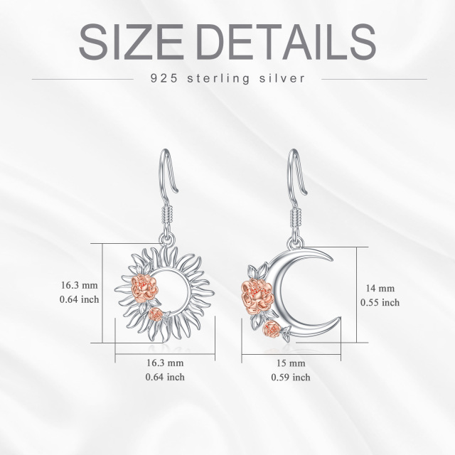 Sterling Silber zweifarbige Rose & Mond & Sonne Tropfenohrringe-6