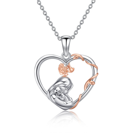 Collier en argent sterling avec pendentif en forme de cœur de mère en rose bicolore-1