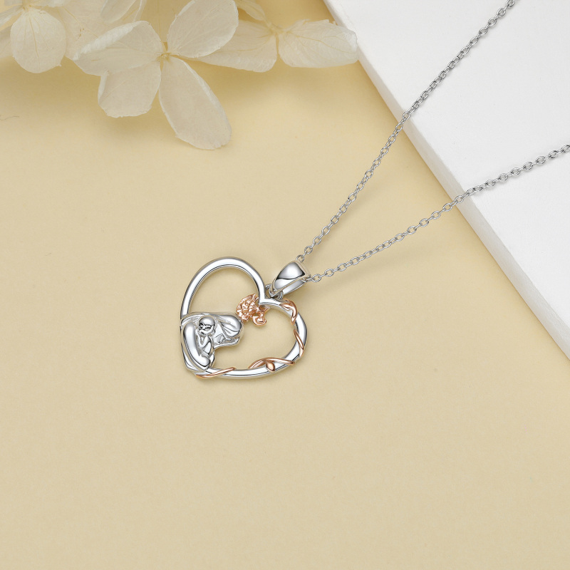 Sterling Silver Two-tone Rose Mother Heart Pendant Necklace-4