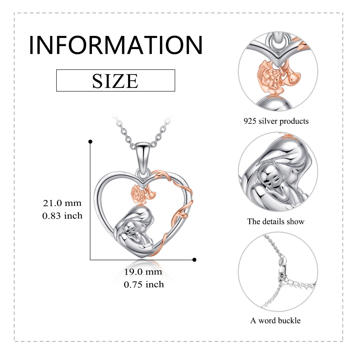 Sterling Silber zweifarbig Rose Mutter Herz Anhänger Halskette-5