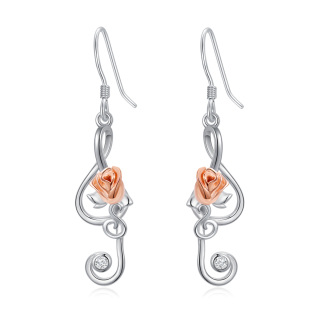 Sterling Silver Two-tone Rose & Music Symbol Drop Earrings-3