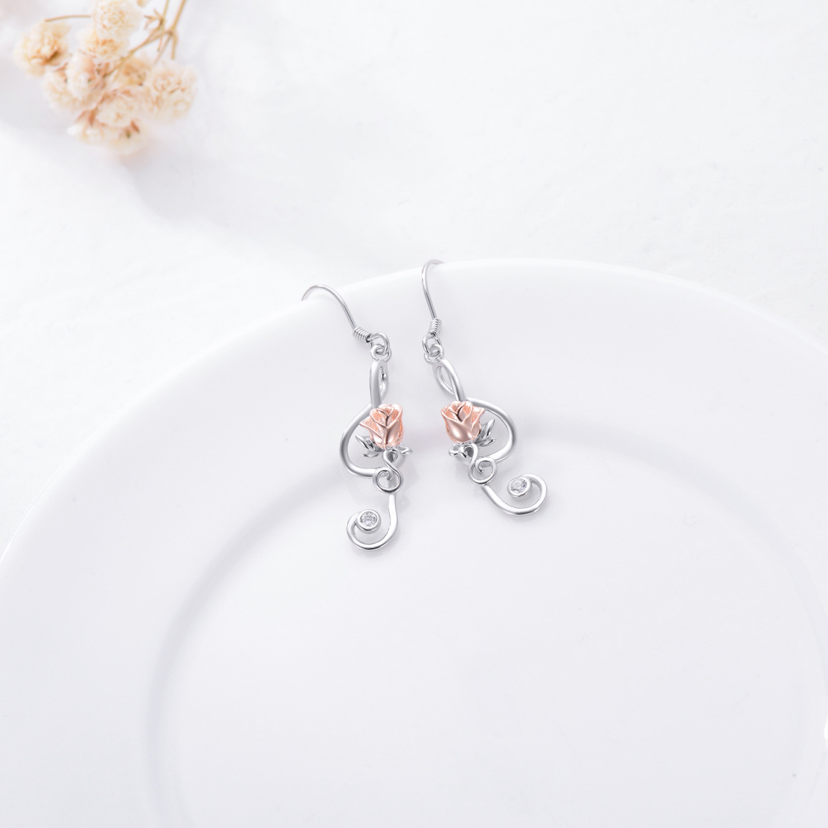 Sterling Silver Two-tone Rose & Music Symbol Drop Earrings-4