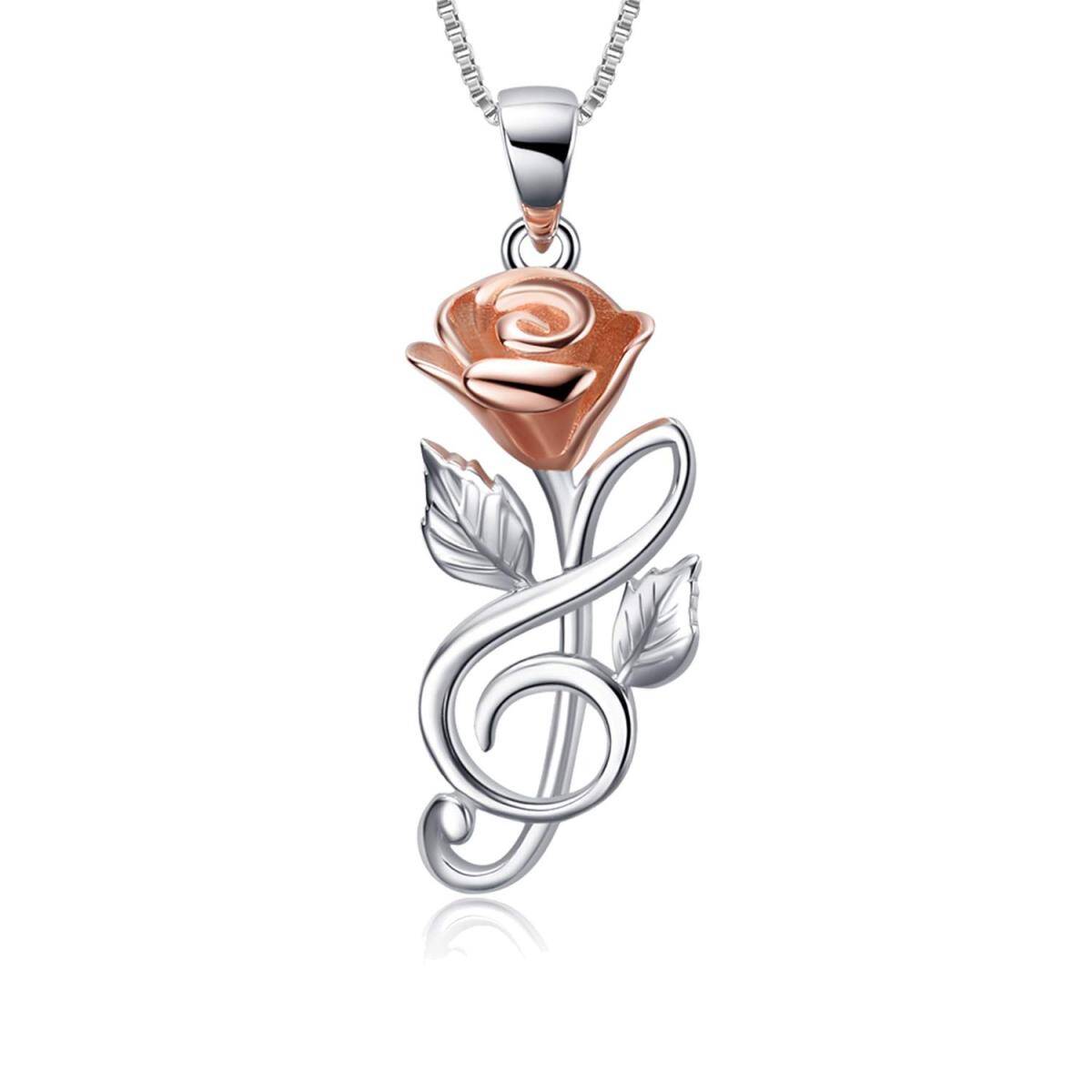 Collier avec pendentif en argent sterling et symbole musical rose bicolore pour femme-1