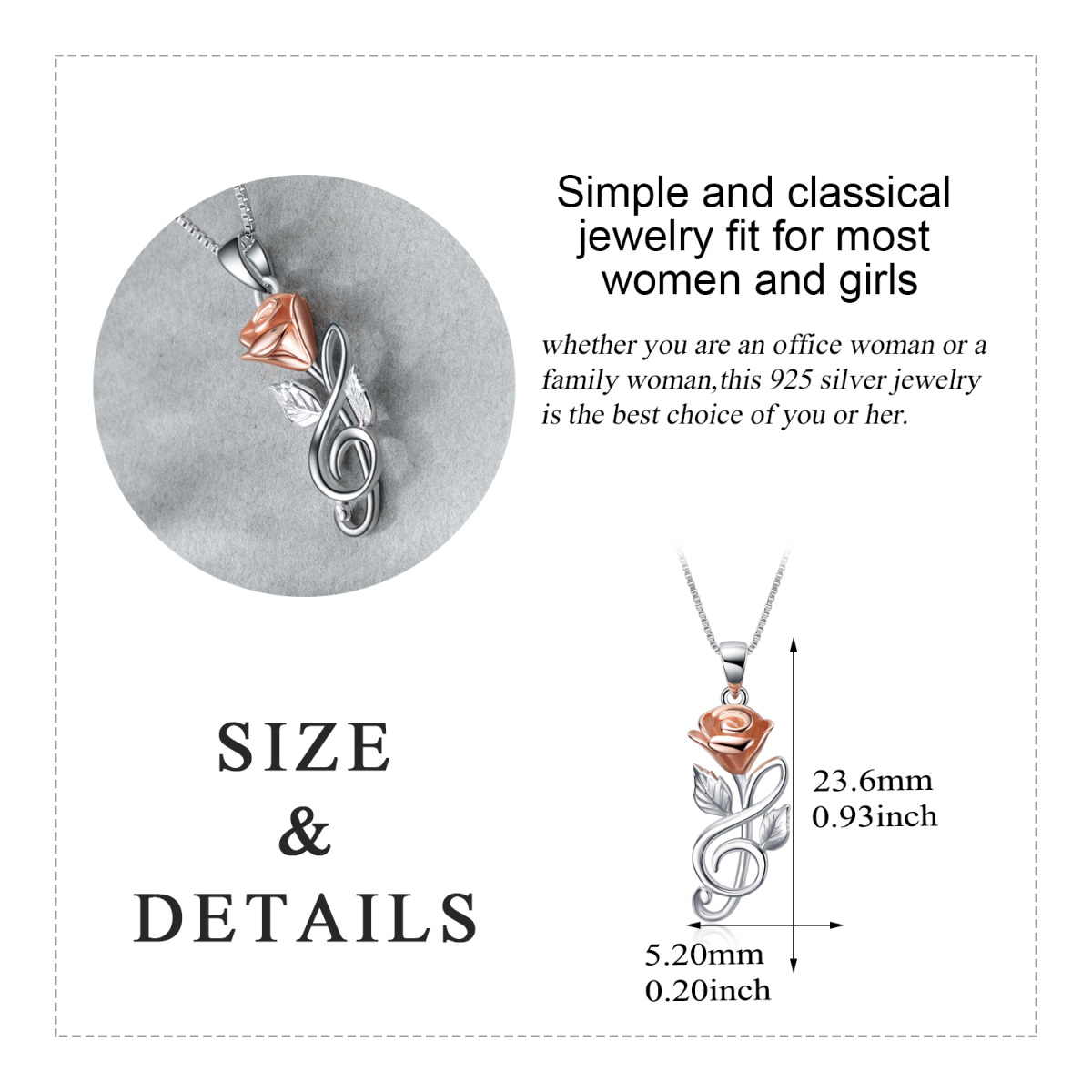 Sterling Silver Two-tone Rose Music Symbol Pendant Necklace for Women-5