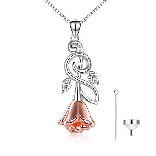 Collana per urne in argento sterling bicolore con rosa e note musicali per le ceneri