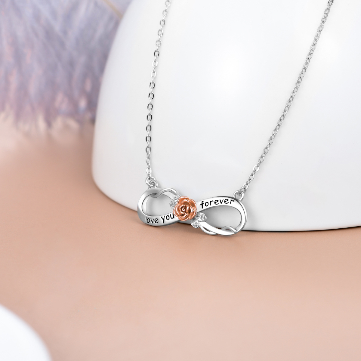 Collier en argent sterling avec pendentif rose bicolore et mot gravé-4