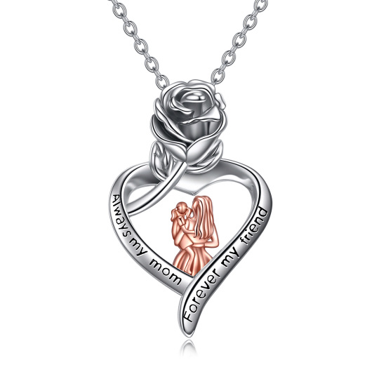 Sterling Silver Two-tone Cubic Zirconia Rose Pendant Necklace with Engraved Word