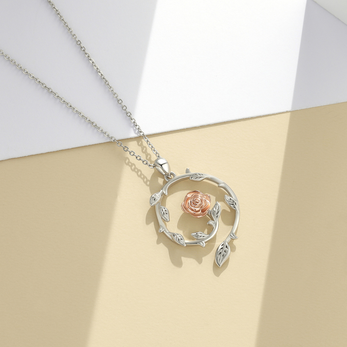 Collier en argent sterling avec pendentif rose bicolore-4