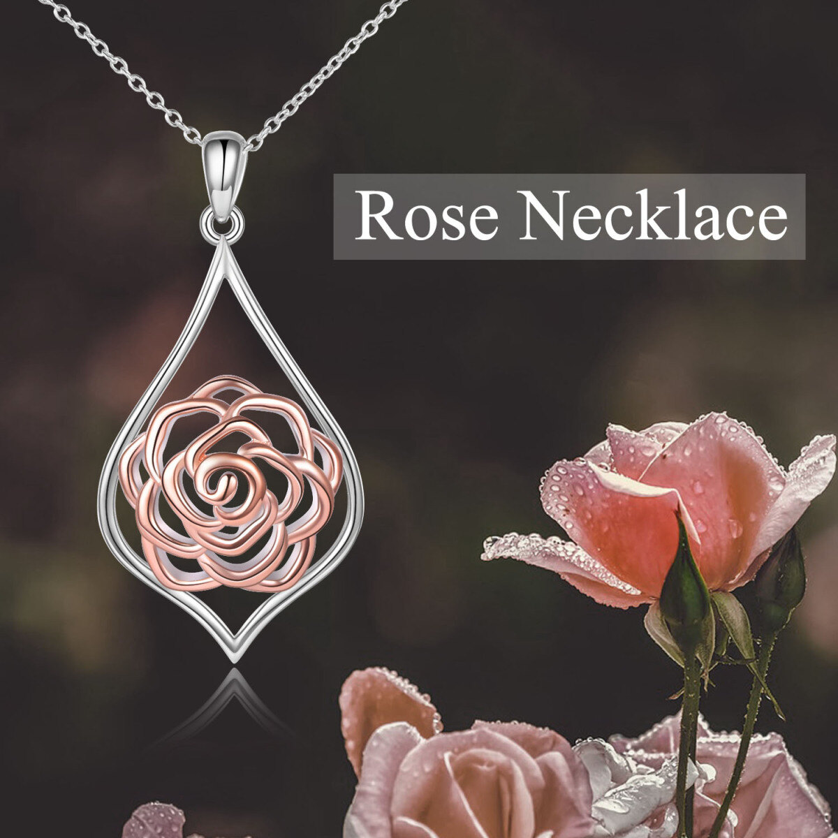 Sterling Silver Two-tone Rose Pendant Necklace-5