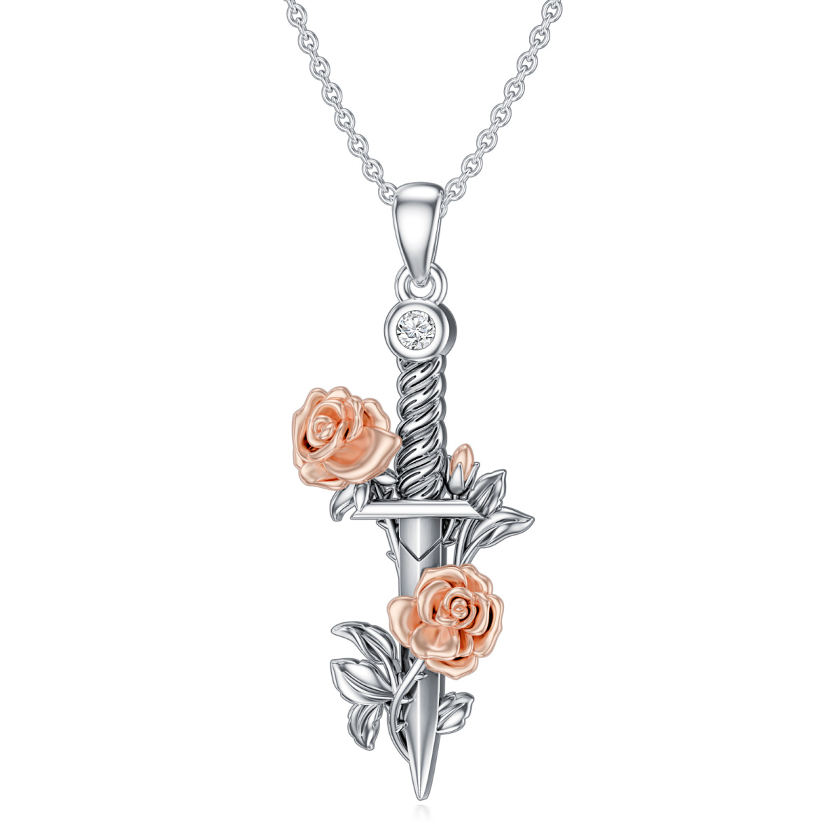 Sterling Silber zweifarbig Zirkonia Rose Anhänger Halskette-1