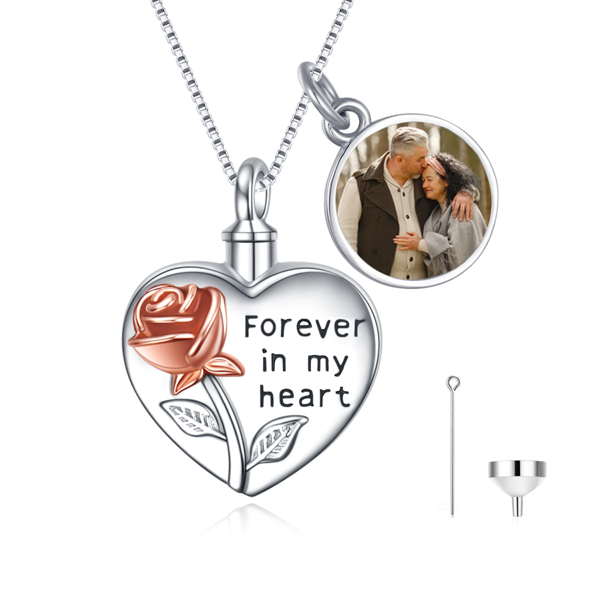 Sterling Silver Two-Tone Rose & Personalized Photo With Heart Urn Necklace For Ashes For Women-1