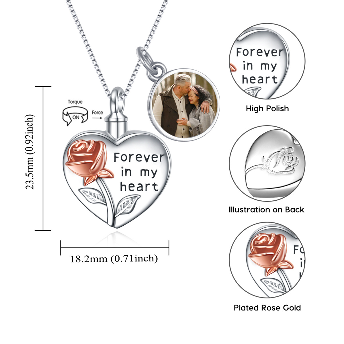 Sterling Silver Two-Tone Rose & Personalized Photo With Heart Urn Necklace For Ashes For Women-5