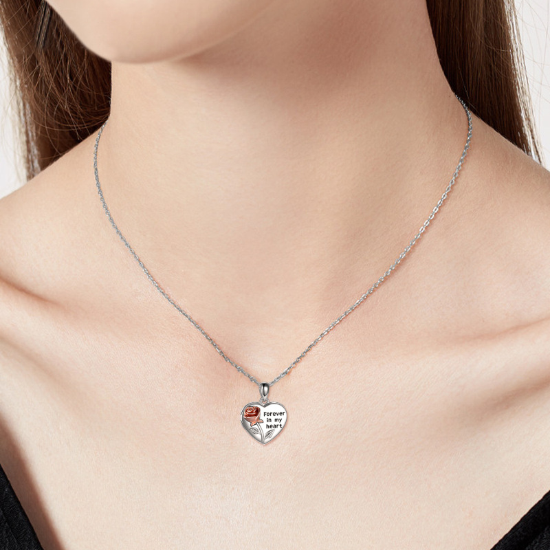Collana con urna per ceneri in argento sterling bicolore con foto personalizzata e cuore, per donne-2