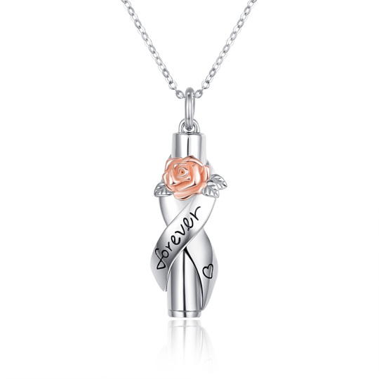 Sterling Silber zweifarbig Rose & Ribbon Bar Urne Halskette für Asche mit eingraviertem Wort