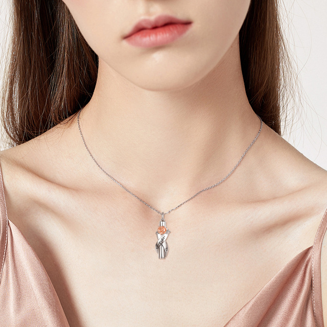 Collier d'urne pour cendres en argent sterling bicolore avec rose et ruban et mot gravé-2