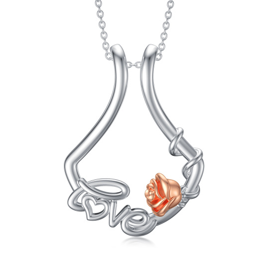 Sterling Silber zweifarbig Rose & Ring Halter Anhänger Halskette mit eingraviertem Wort