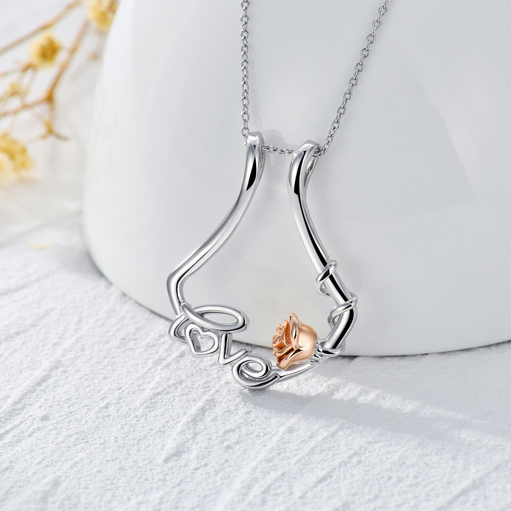 Collana con ciondolo porta anello a forma di rosa bicolore in argento sterling con parola incisa-3
