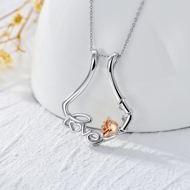 Collier en argent sterling avec rose bicolore et pendentif porte-bague avec mot gravé-3