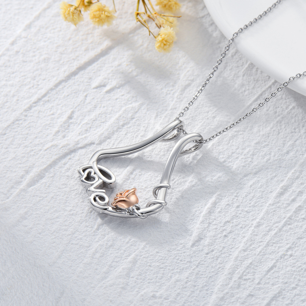 Collana con ciondolo porta anello a forma di rosa bicolore in argento sterling con parola incisa-4