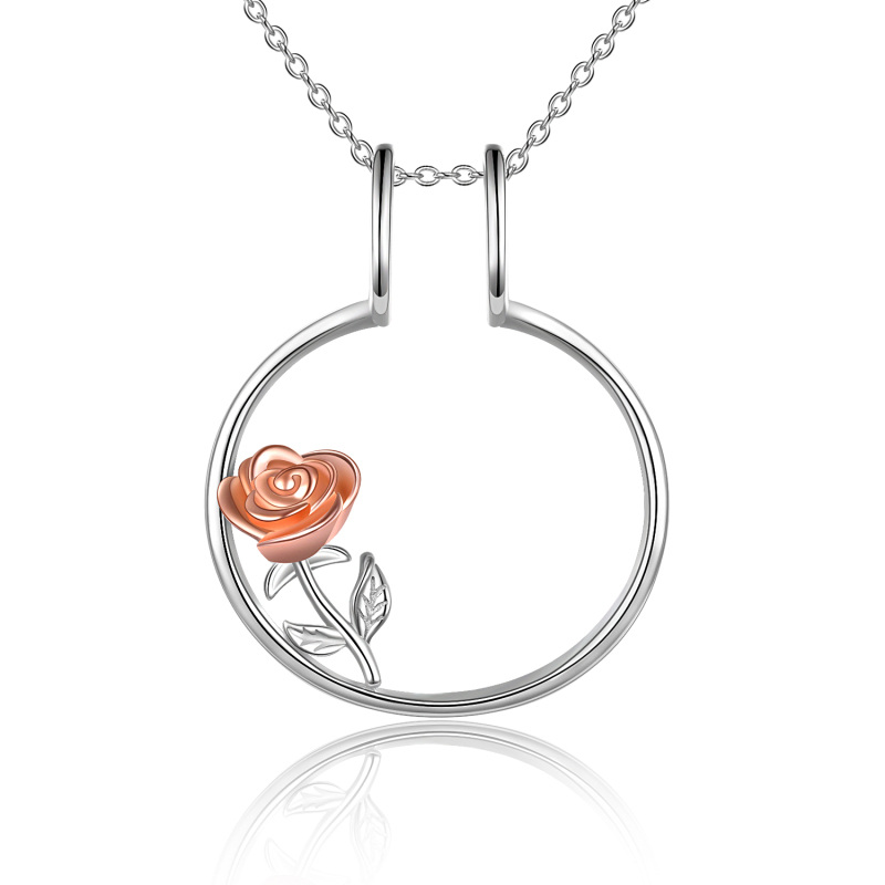 Sterling Silver Two-tone Rose & Ring Holder Pendant Necklace-18