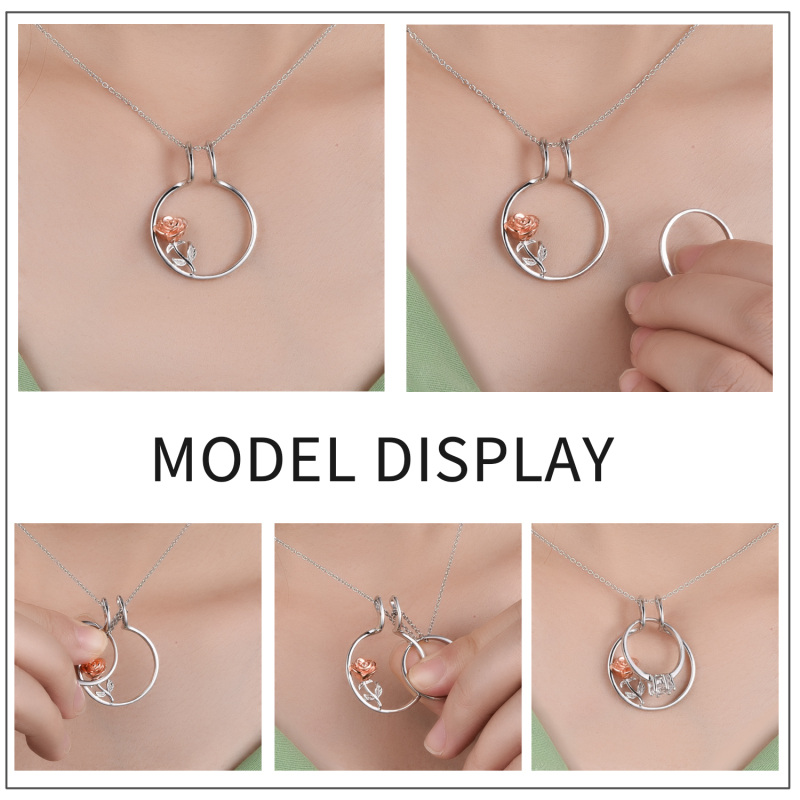 Collier pendentif porte-bague en argent sterling bicolore avec rose-4
