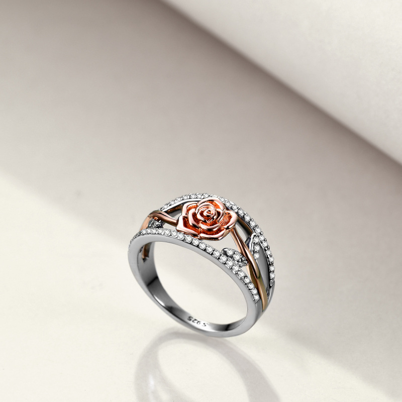 Sterling Silver Two-tone Cubic Zirconia Rose Ring-3