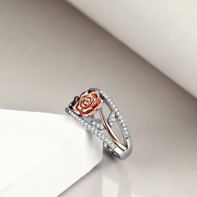 Sterling Silver Two-tone Cubic Zirconia Rose Ring-4