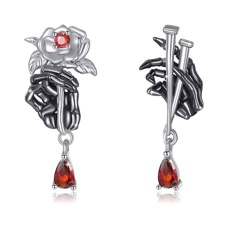 Boucles d'oreilles à tige en argent sterling avec oxyde de zirconium cubique bicolore en forme de squelette rose-1