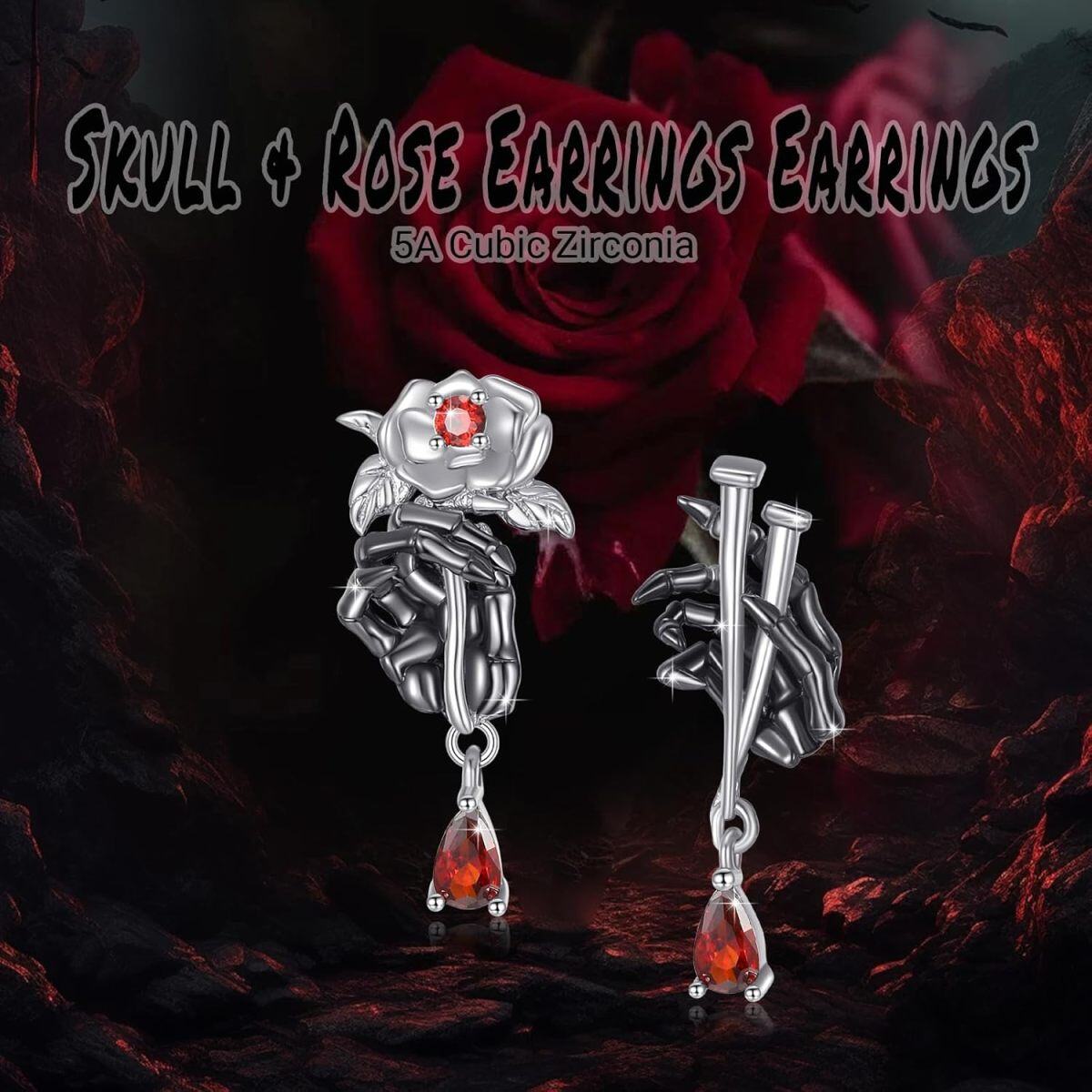 Boucles d'oreilles à tige en argent sterling avec oxyde de zirconium cubique bicolore en forme de squelette rose-6