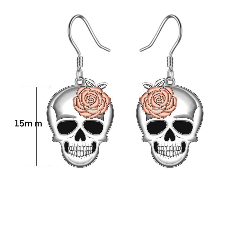 Pendientes colgantes de calavera rosa en dos tonos de plata de ley-1