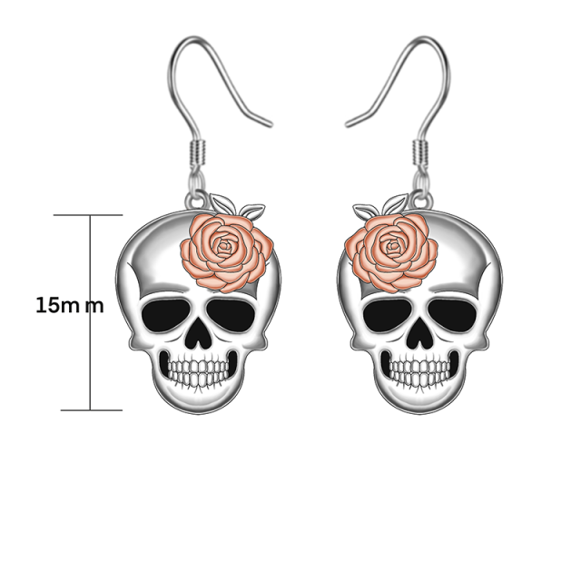 Pendientes colgantes de calavera rosa en dos tonos de plata de ley-3