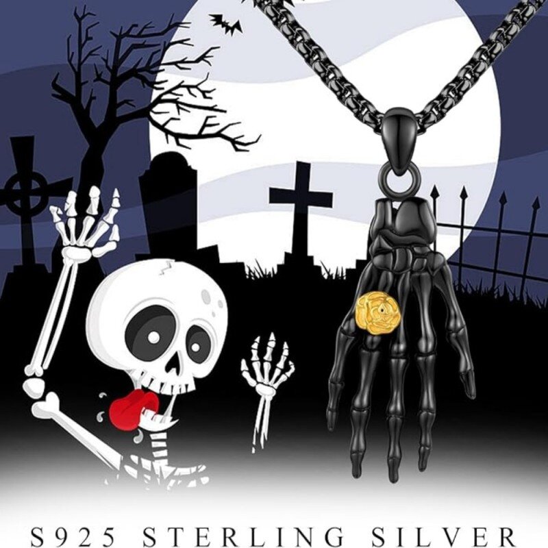 Zweifarbige Halskette mit Rosen-Totenkopf-Anhänger aus Sterlingsilber für Herren-5