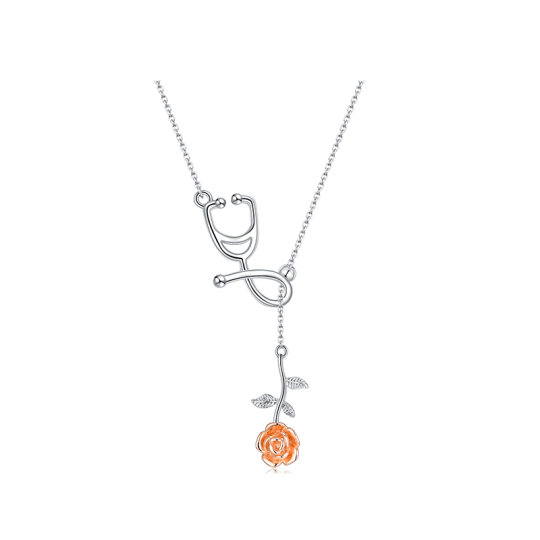 Collier en Y non ajustable en argent sterling bicolore rose et stéthoscope