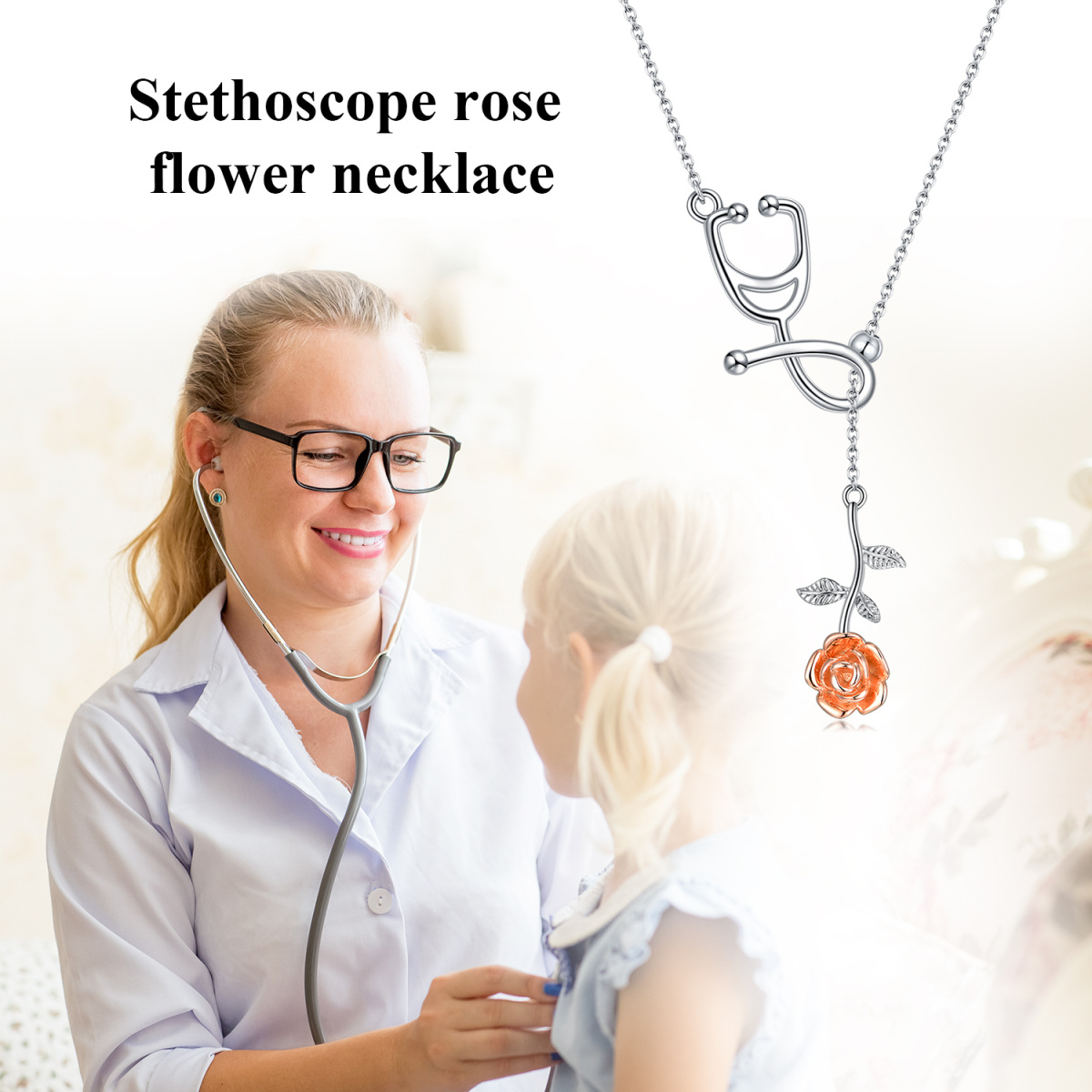 Sterling Silber Zweifarbige Rose & Stethoskop Nicht-verstellbare Y-Halskette-5