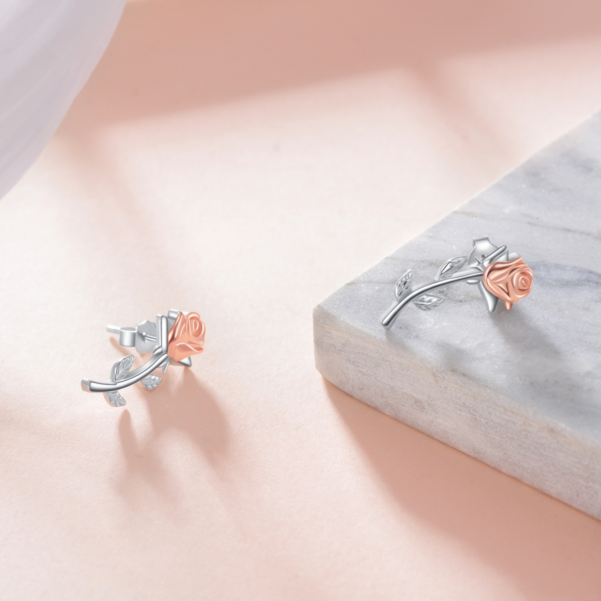 Sterling Silver Two-tone Rose Stud Earrings-3