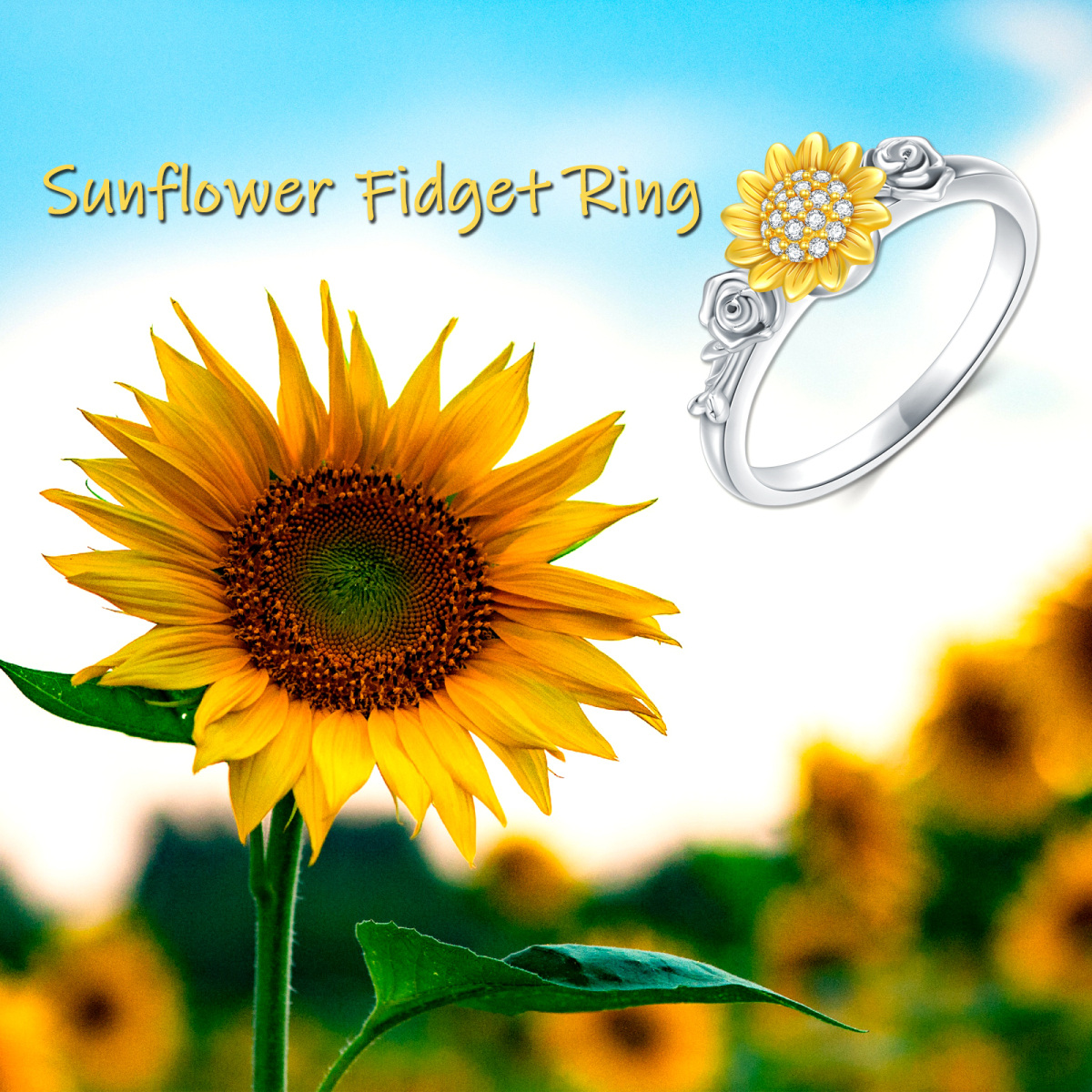 Sterling Silver Two-tone Cubic Zirconia Rose & Sunflower Spinner Ring-3