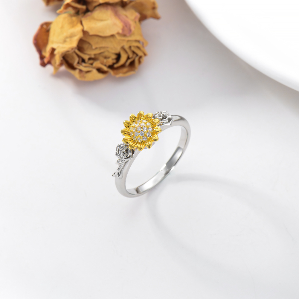 Anel giratório de prata esterlina com zircônia cúbica de dois tons e girassol rosa-5