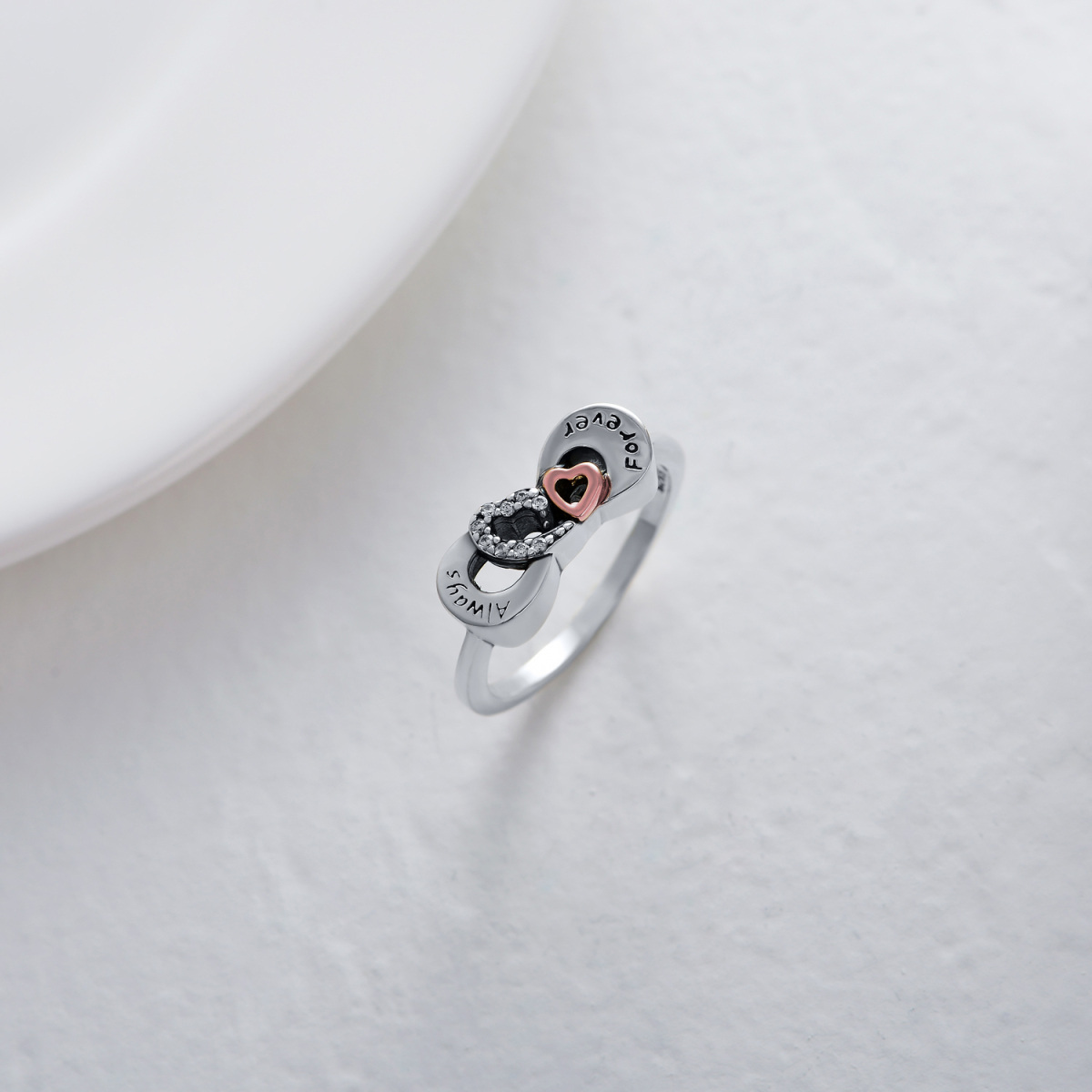 Bague Urne Rose Bicolore en Argent Sterling avec Zircon Cubique et Mot Gravé-4